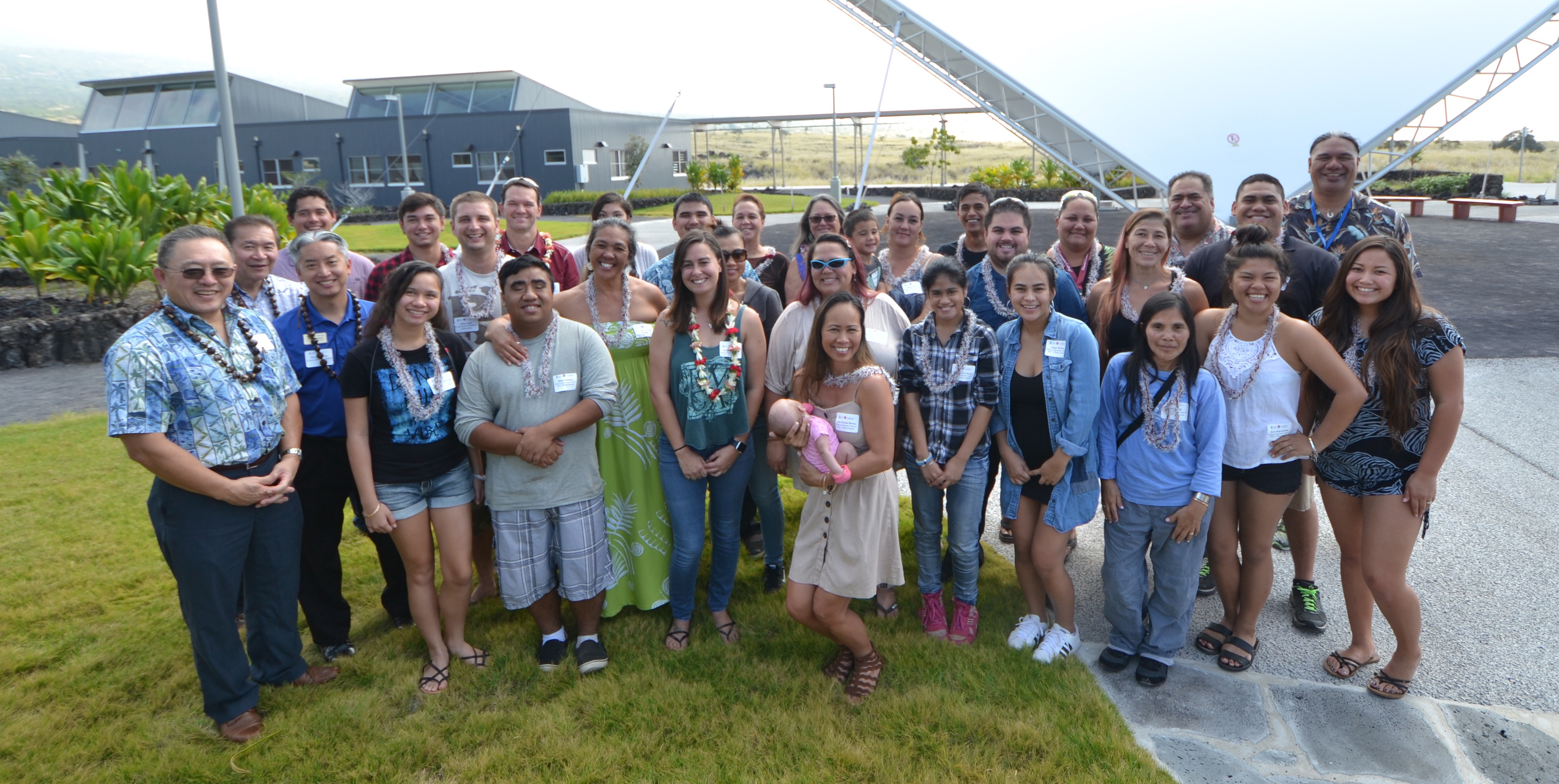 Scholarship recipients and donors, including participants in Ēlama Project, pose for a group photo at the Hawai’i Community College - Pālamanui campus in Kona.