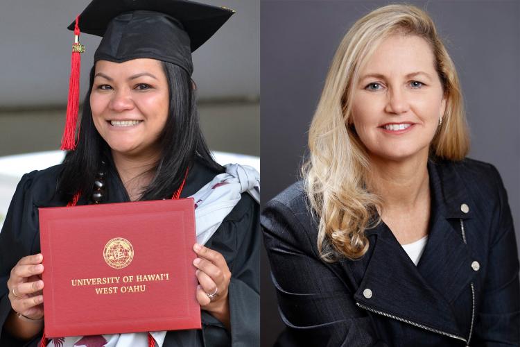 Two student portraits, one with degree