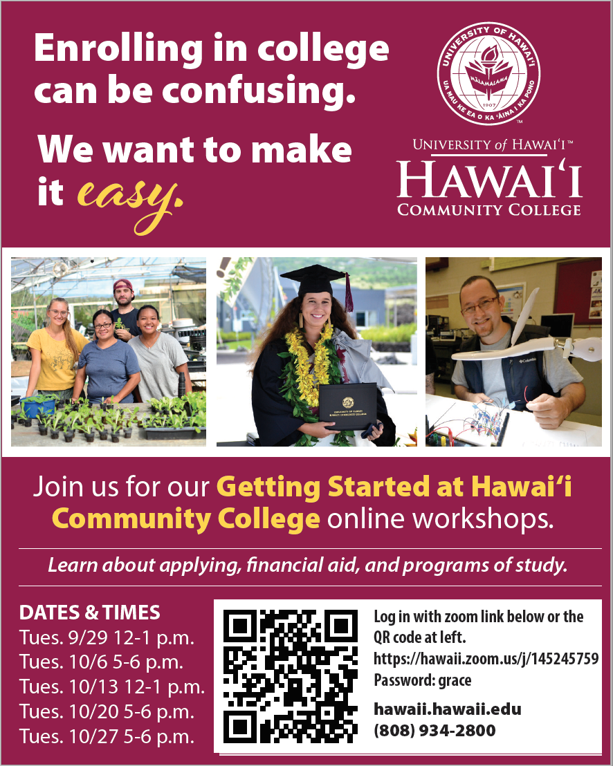 Join us for our Getting Started at Hawai'i Community College online workshops. Learn about applying, financial aid, and programs of study.
