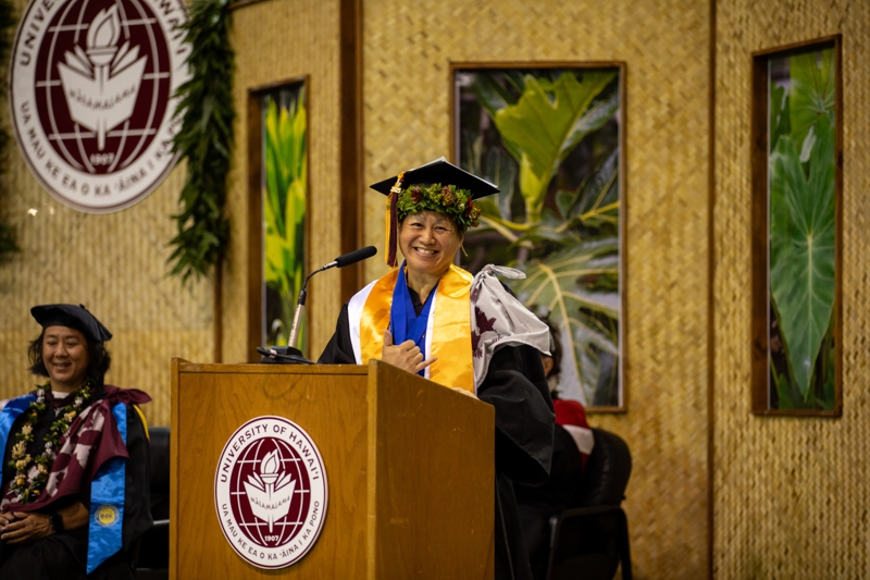 Christine Nguyen, student keynote speaker for Hawaii CC-Hilo’s Class of 2025, spoke to her fellow graduates about resilience, courage, and the importance of prioritizing yourself.