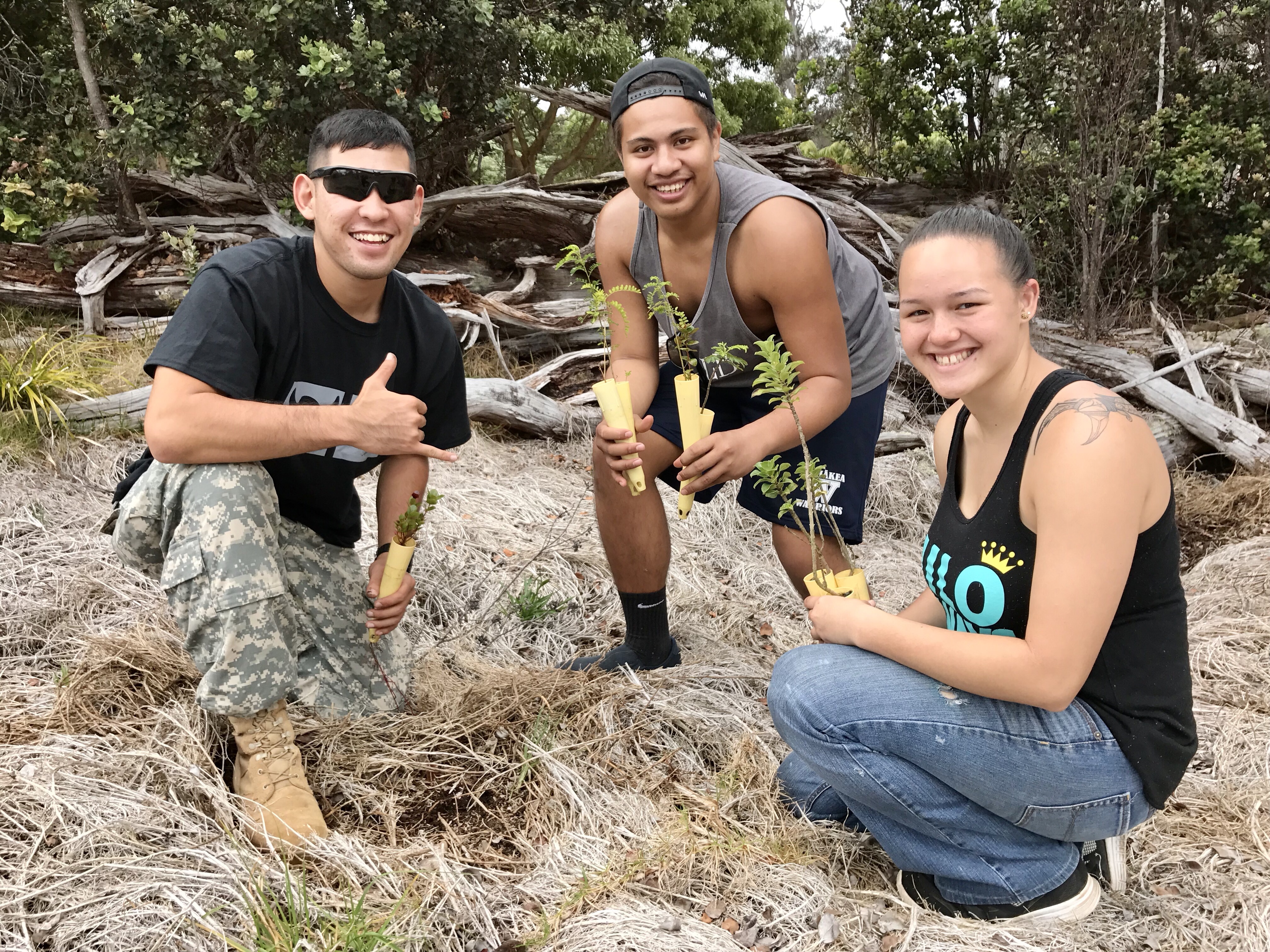 Students in a Geography of Hawai'i class planting māmane, koa, pilo and other natives at Keauhou in Ka'ū to restore the watershed and forest.  