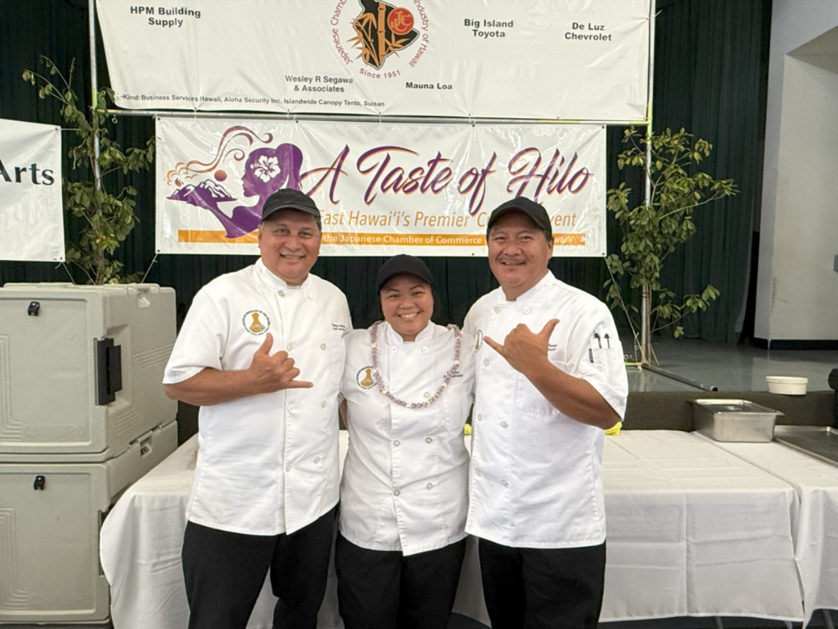 Hawai'i CC Culinary Program instructor and lab manager, chef Tori Hiro, was selected as the featured chef for the 26th Annual Taste of Hilo event. Hiro is pictured here (center) with program instructors chef Philton Velasco (left) and chef Shawn Sumiki (right)