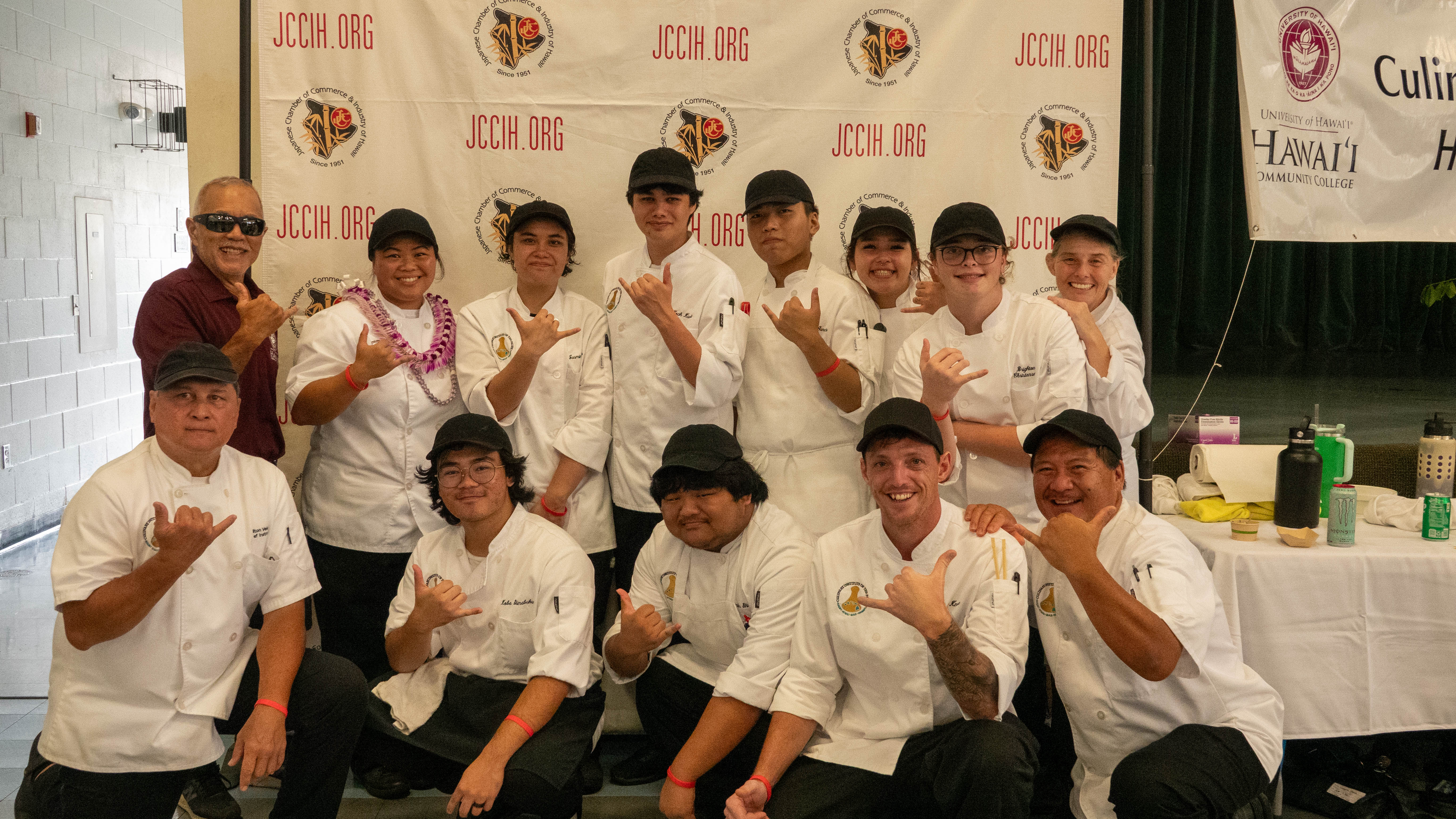 Hawaii CC culinary program students with agriculture professor Lew Nakamura (top row, far left), chef Tori Hiro (top row, second from left), chef Philton Velasco (bottom row, far left) and chef Shawn Sumiki (bottom row, far right).