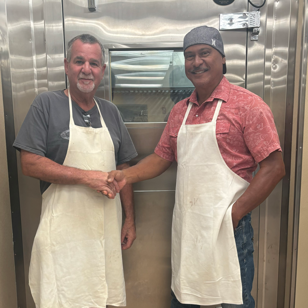 Butchery course co-instructors: Butchery Course co-instructors Wade Cypriano (left) and Bill Wong at the Kō Education Center facility