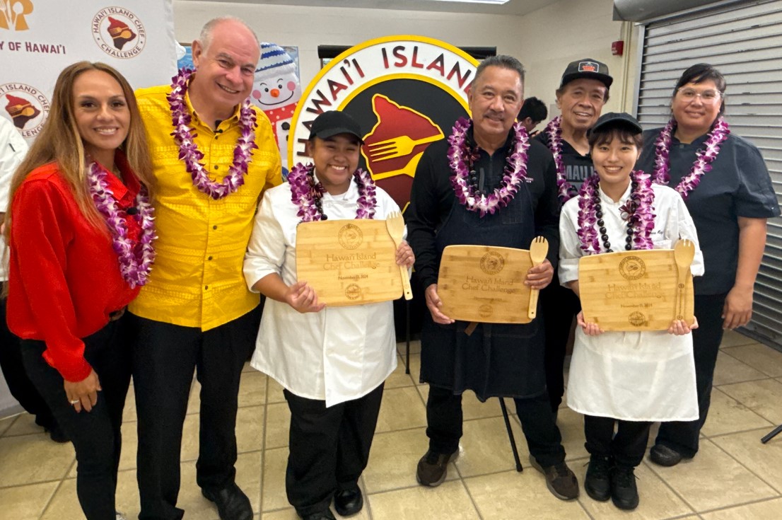 Marielle Acupan was part of the team who won the 4th Annual Hawaii Island Chef Challenge this year. She was partnered with Waikoloa Beach Marriot's Executive Chef Jayson Kanekoa. (Also pictured is Hawai'i County executive assistant Pomai Barolome, and event judges Hawai'i County Mayor Mitch Roth, Chef Sam Choy, and Chef Mahana Beamer of Lili'uokalani Trust. 