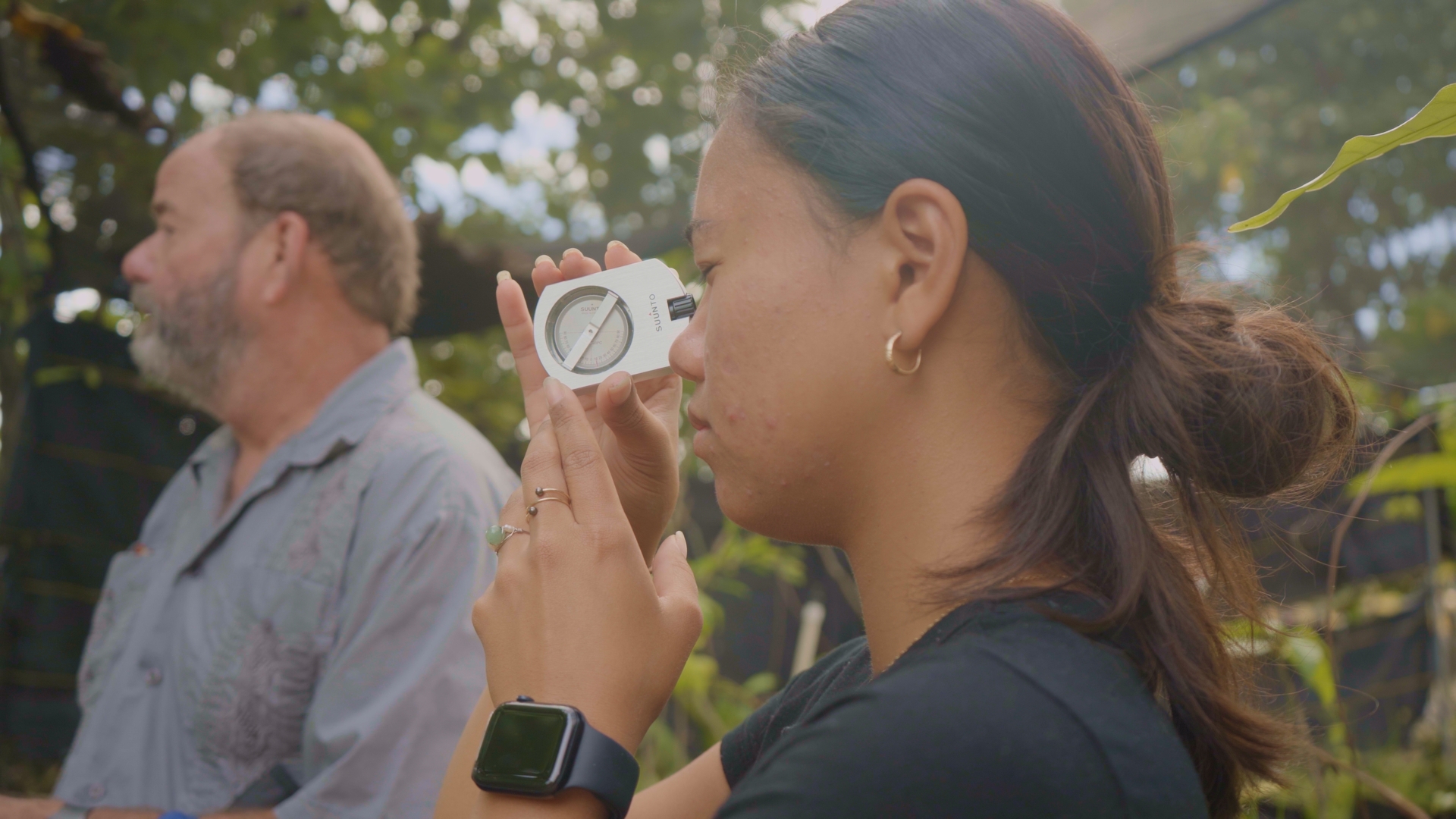 Second-year TEAM student Tiala Kailianu-Carvalho uses a clinometer to measure the height of a tree. Hawai‘i CC is the only college in Hawai‘i that trains undergraduates for doing conservation work after an Associate of Science degree.