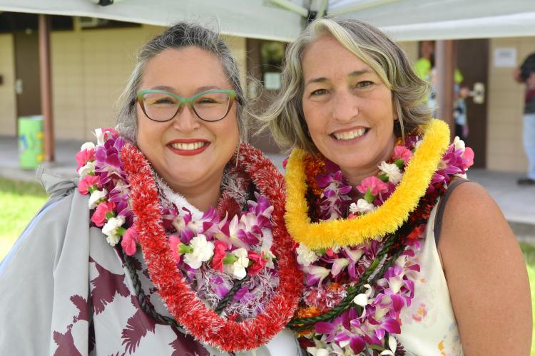 Melanie Wilson, left, the new Dean of Liberal Arts and Public Services, and Laura Hill, the new Director of Nursing and Allied Health were welcomed to campus with a kīpaepae ceremony.