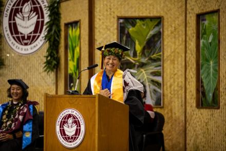 Christine Nguyen, student keynote speaker for Hawaii CC-Hilo’s Class of 2025, spoke to her fellow graduates about resilience, courage, and the importance of prioritizing yourself.