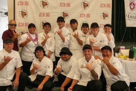 Hawaii CC culinary program students with agriculture professor Lew Nakamura (top row, far left), chef Tori Hiro (top row, second from left), chef Philton Velasco (bottom row, far left) and chef Shawn Sumiki (bottom row, far right).