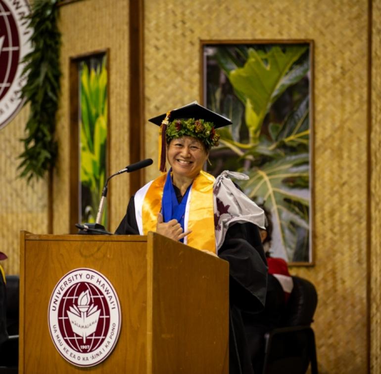 Christine Nguyen, student keynote speaker for Hawaii CC-Hilo’s Class of 2025, spoke to her fellow graduates about resilience, courage, and the importance of prioritizing yourself.