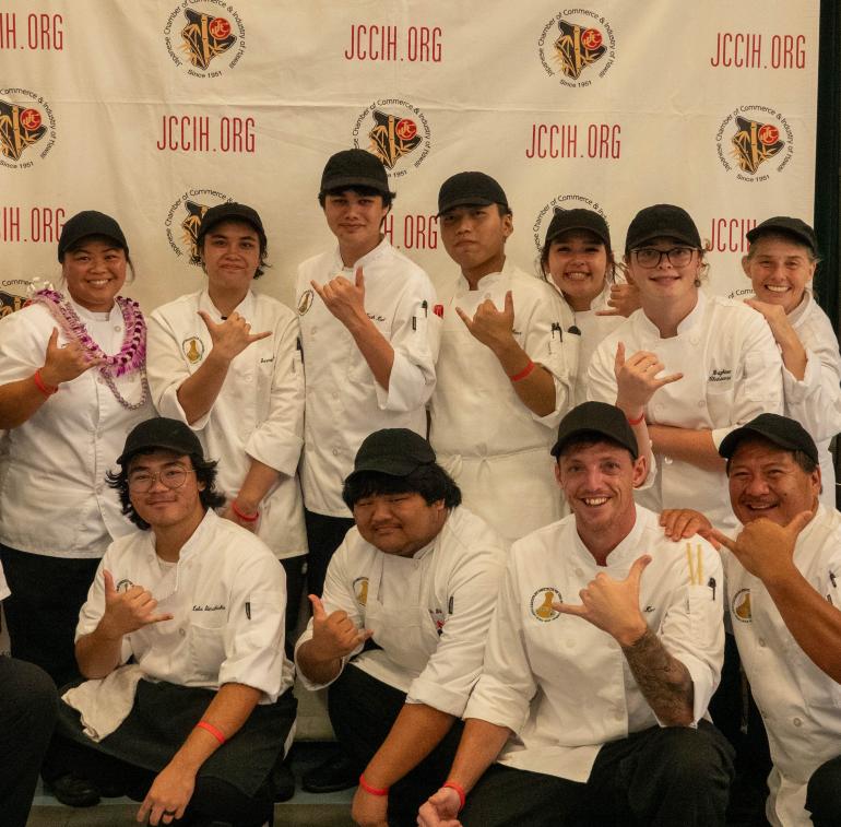 Hawaii CC culinary program students with agriculture professor Lew Nakamura (top row, far left), chef Tori Hiro (top row, second from left), chef Philton Velasco (bottom row, far left) and chef Shawn Sumiki (bottom row, far right).